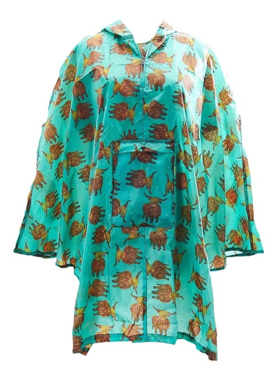 eco chic Jackets & Blazers - eco chic highland cow packable rain jacket cape Teal Women's Cape-Style Jacket